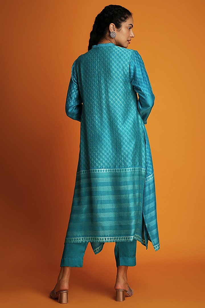 Turquoise Modal Hand-Block Printed Asymmetric Tunic Set by Krishna Mehta at Pernia's Pop Up Shop