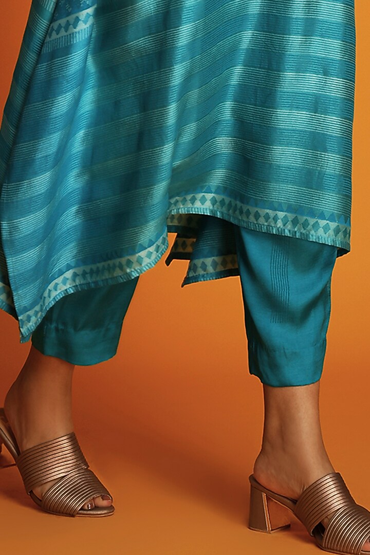 Turquoise Modal Hand-Block Printed Asymmetric Tunic Set by Krishna Mehta at Pernia's Pop Up Shop