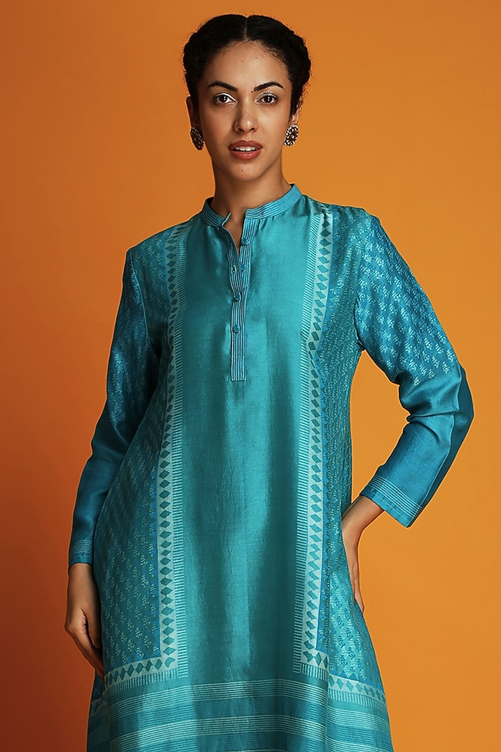 Turquoise Modal Hand-Block Printed Asymmetric Tunic Set by Krishna Mehta at Pernia's Pop Up Shop