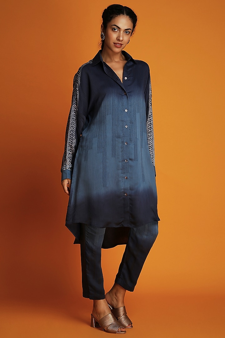 Navy Blue Ombre Block-Printed Ombre Shirt Tunic Set by Krishna Mehta