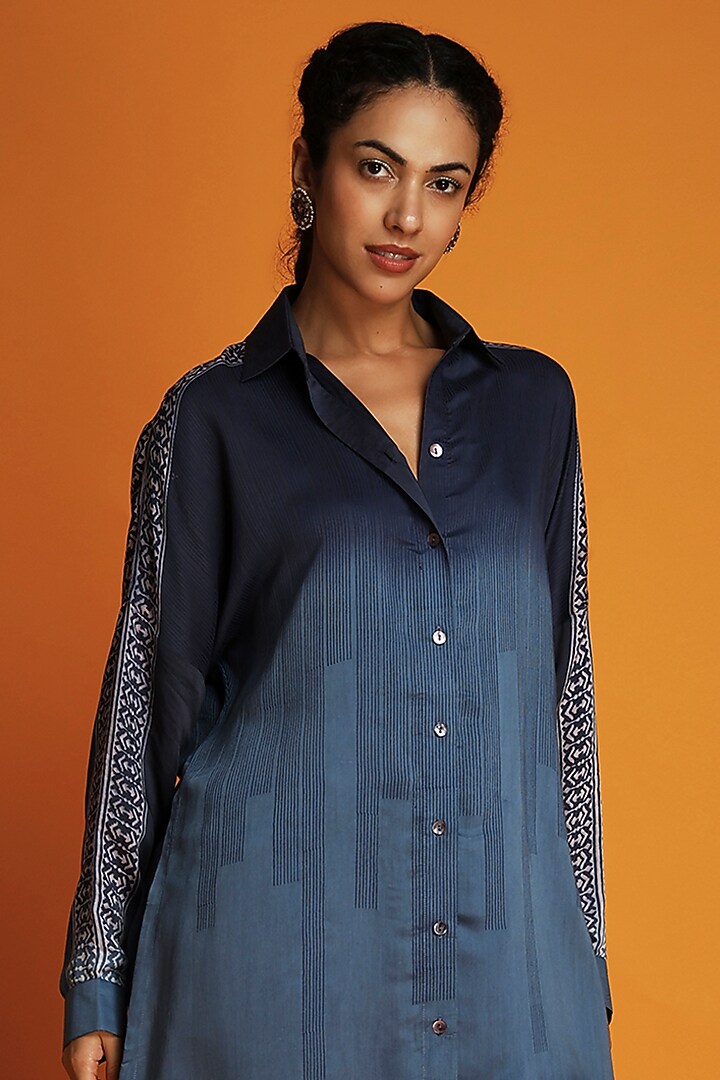 Navy Blue Ombre Block-Printed Ombre Shirt Tunic Set by Krishna Mehta at Pernia's Pop Up Shop