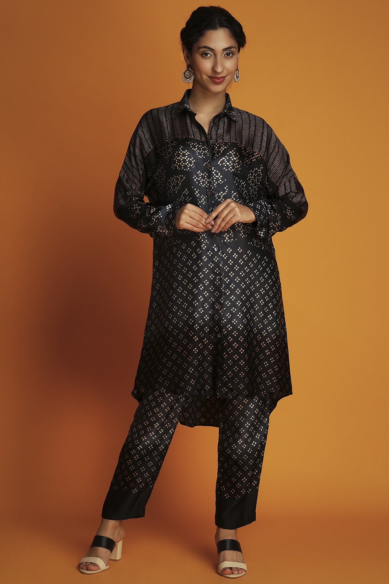 Black Modal Hand Block-Printed Ombre Shirt Tunic Set by Krishna Mehta at Pernia's Pop Up Shop