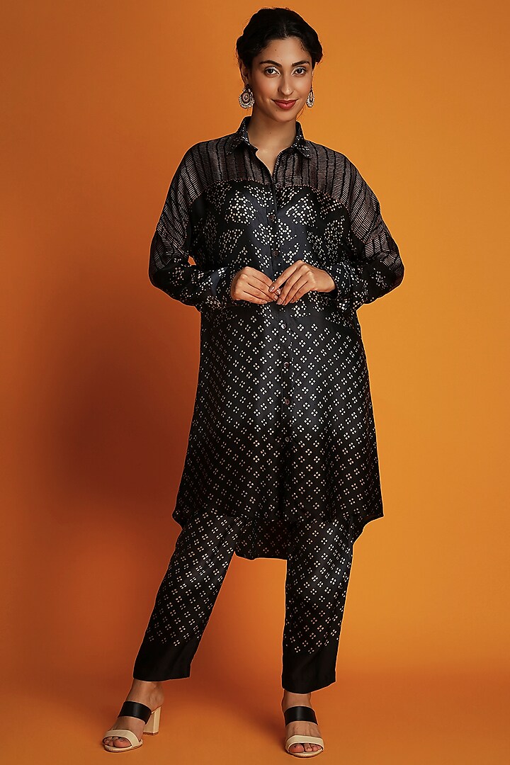 Black Modal Hand Block-Printed Ombre Shirt Tunic Set by Krishna Mehta at Pernia's Pop Up Shop