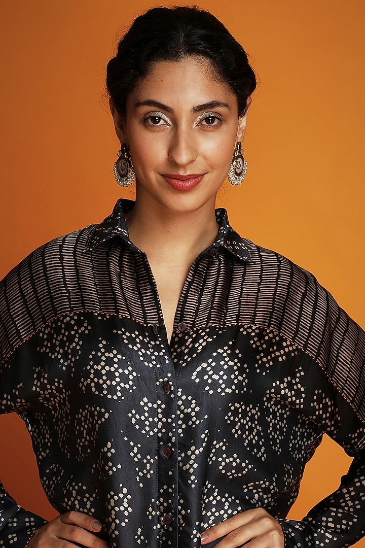 Black Modal Hand Block-Printed Ombre Shirt Tunic Set by Krishna Mehta at Pernia's Pop Up Shop