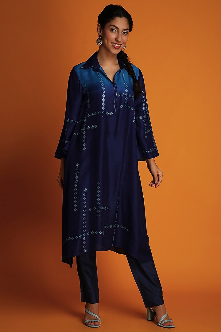 Indigo Chanderi Block-Printed Ombre Tunic Set by Krishna Mehta