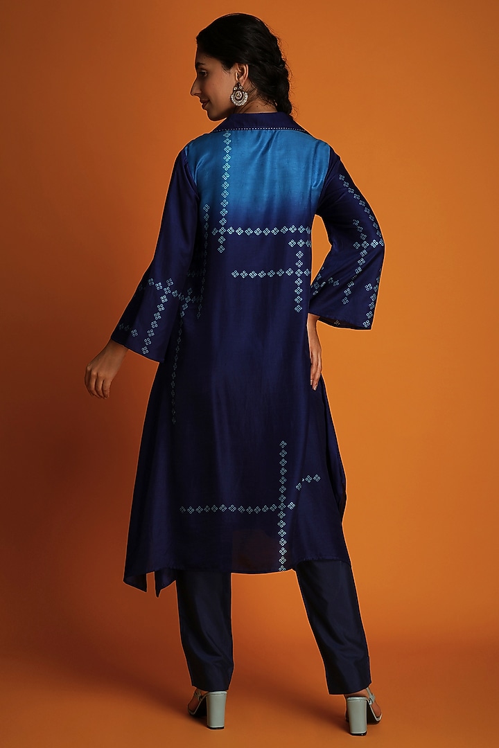 Indigo Chanderi Block-Printed Ombre Tunic Set by Krishna Mehta at Pernia's Pop Up Shop