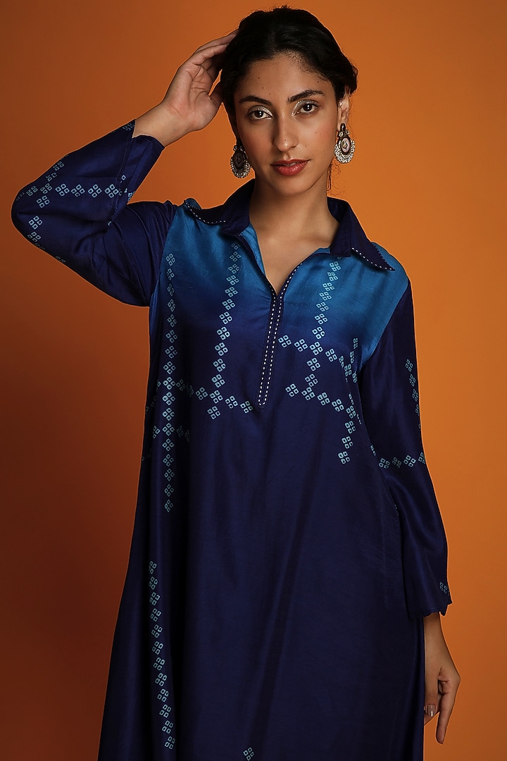 Indigo Chanderi Block-Printed Ombre Tunic Set by Krishna Mehta at Pernia's Pop Up Shop