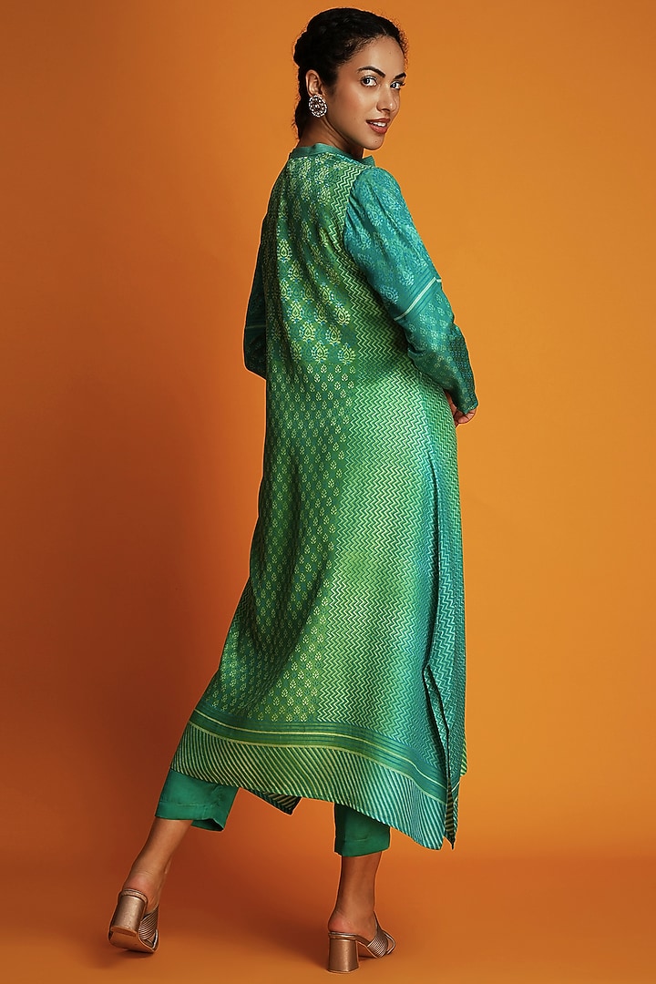 Green Ombre Modal Hand-Block Printed Asymmetric Tunic Set by Krishna Mehta at Pernia's Pop Up Shop