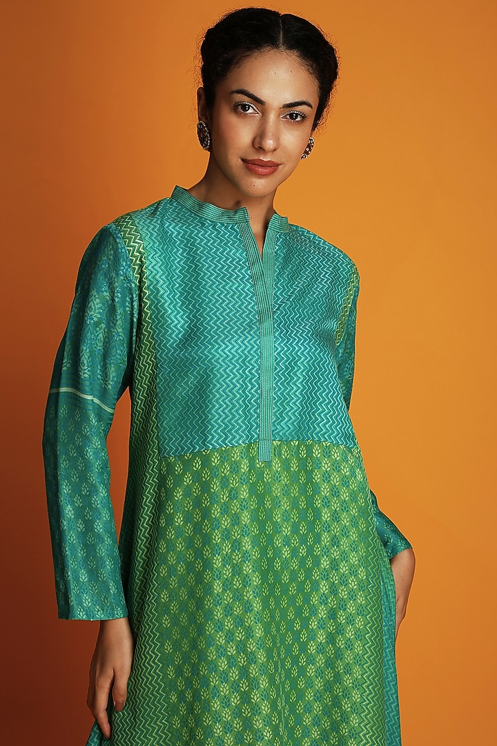 Green Ombre Modal Hand-Block Printed Asymmetric Tunic Set by Krishna Mehta at Pernia's Pop Up Shop