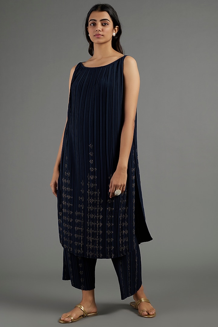 Navy Blue Printed Pants by Krishna Mehta at Pernia's Pop Up Shop