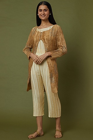 Cream Tussar Pleated Pants by Krishna Mehta