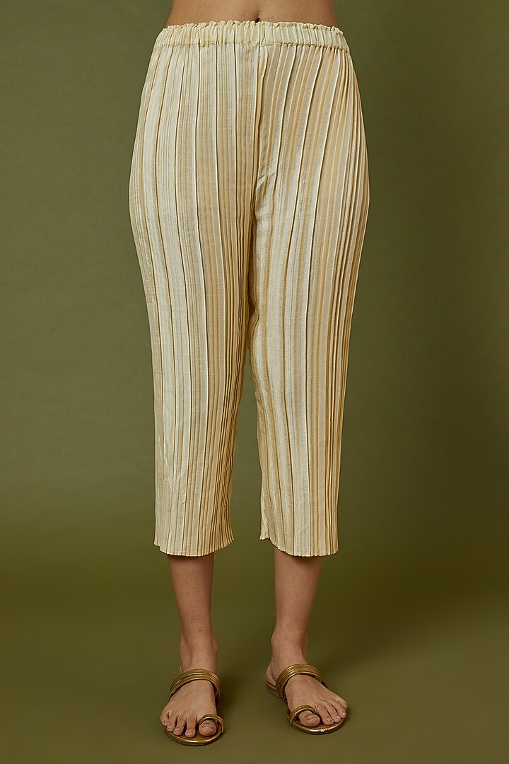 Cream Tussar Pleated Pants by Krishna Mehta at Pernia's Pop Up Shop