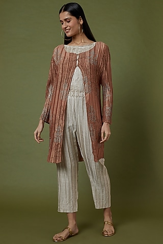 Beige Tussar Pleated Pant by Krishna Mehta
