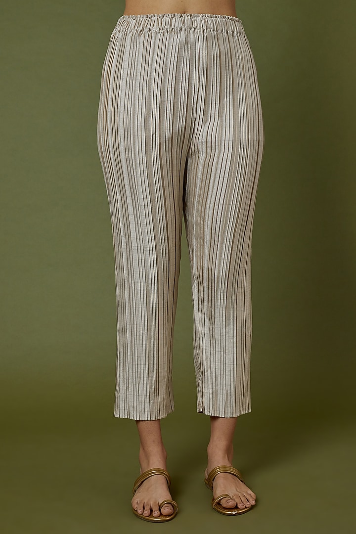 Beige Tussar Pleated Pant by Krishna Mehta at Pernia's Pop Up Shop