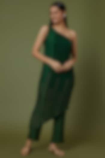 Emerald Green Tussar Pleated Pants by Krishna Mehta