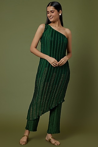 Emerald Green Tussar Pleated Pants by Krishna Mehta