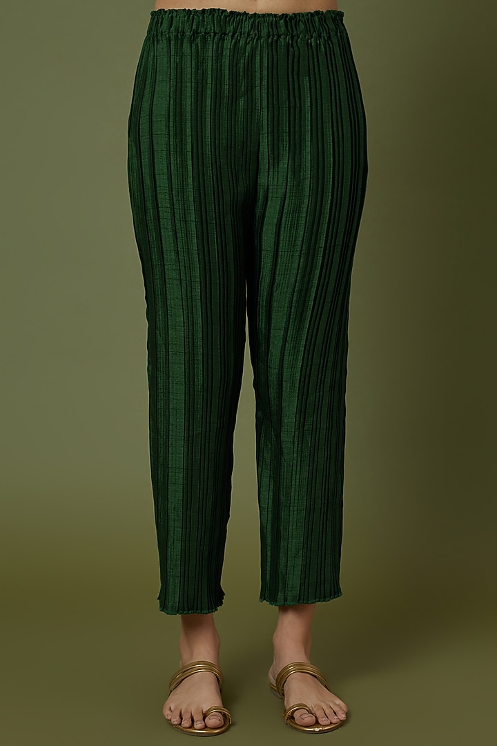 Emerald Green Tussar Pleated Pants by Krishna Mehta at Pernia's Pop Up Shop