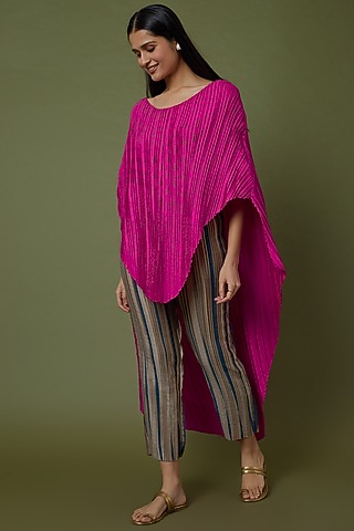 Beige Printed Pleated Pants by Krishna Mehta