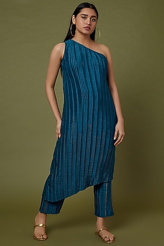 Navy Blue Printed Pleated Pants by Krishna Mehta