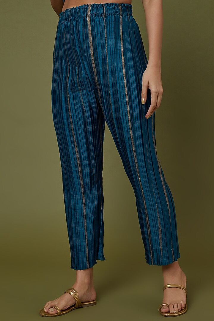 Navy Blue Printed Pleated Pants by Krishna Mehta at Pernia's Pop Up Shop