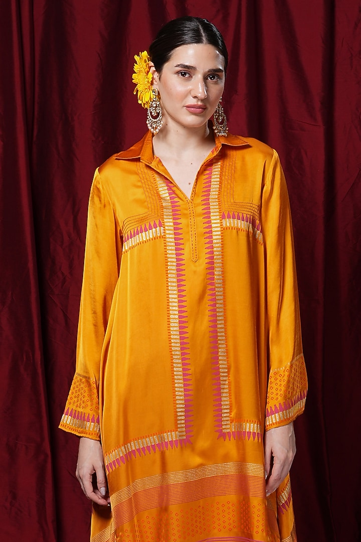 Orange Modal Block Printed Asymmetrical Tunic by Krishna Mehta at Pernia's Pop Up Shop