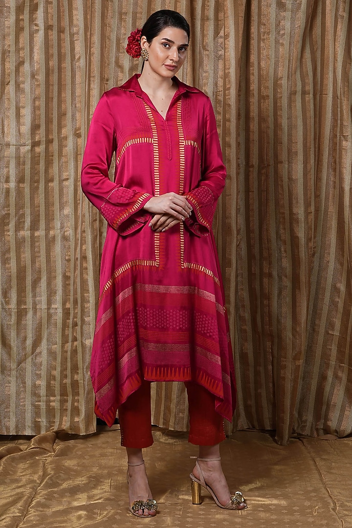 Red Modal Block Printed Asymmetrical Tunic by Krishna Mehta at Pernia's Pop Up Shop