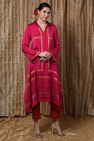 Red Modal Block Printed Asymmetrical Tunic by Krishna Mehta