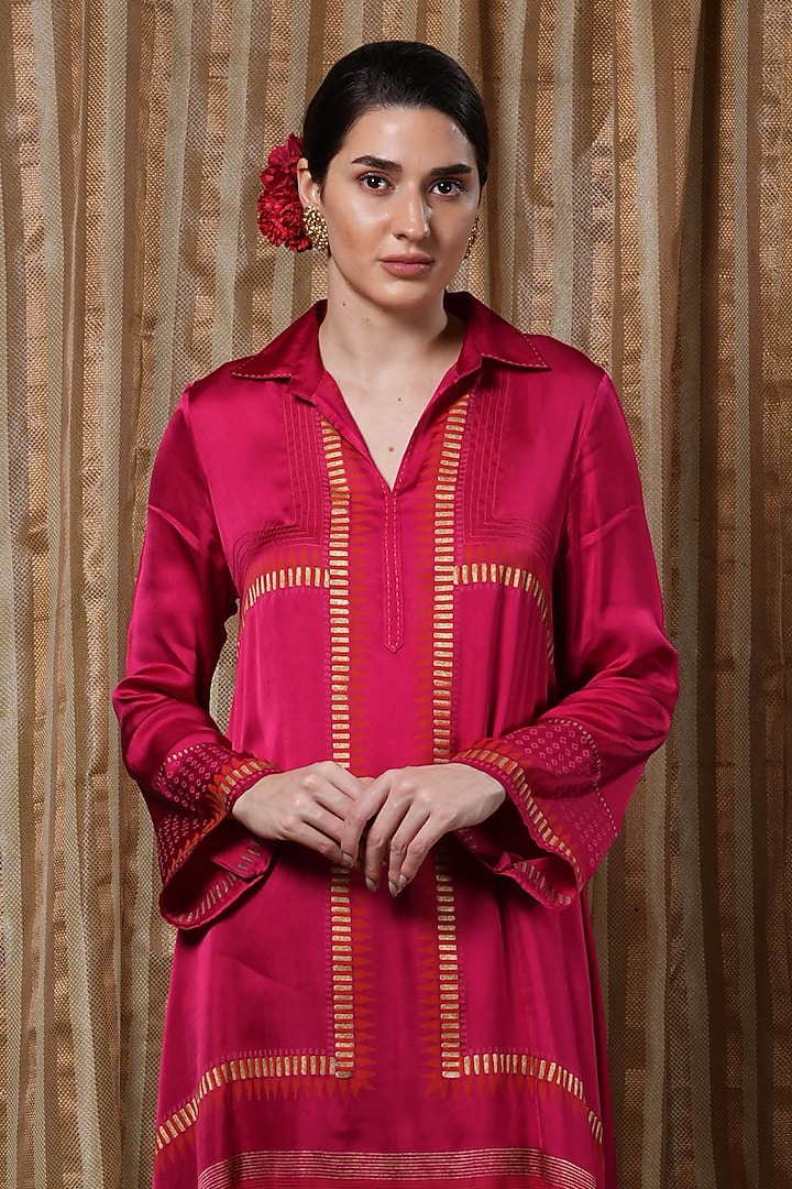 Red Modal Block Printed Asymmetrical Tunic by Krishna Mehta at Pernia's Pop Up Shop