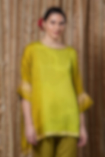 Lime Modal Block Printed High-Low Kaftan Tunic by Krishna Mehta at Pernia's Pop Up Shop