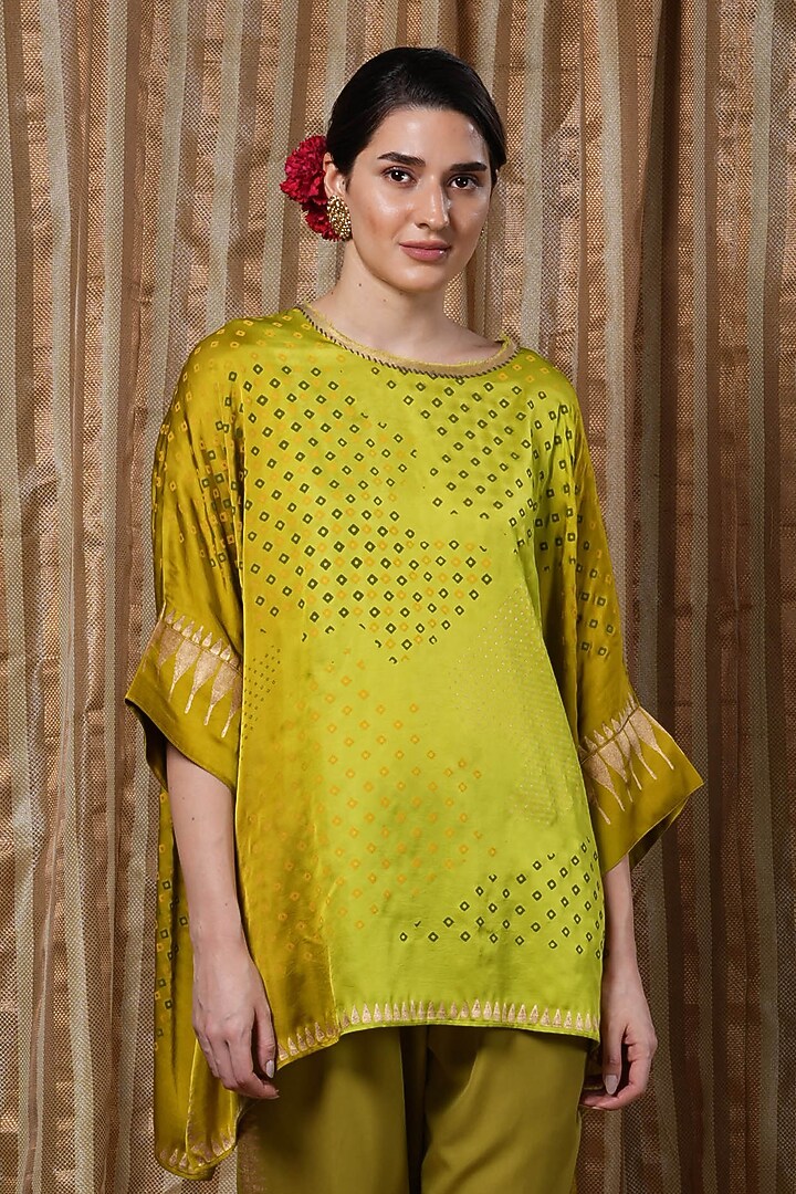 Lime Modal Block Printed High-Low Kaftan Tunic by Krishna Mehta at Pernia's Pop Up Shop