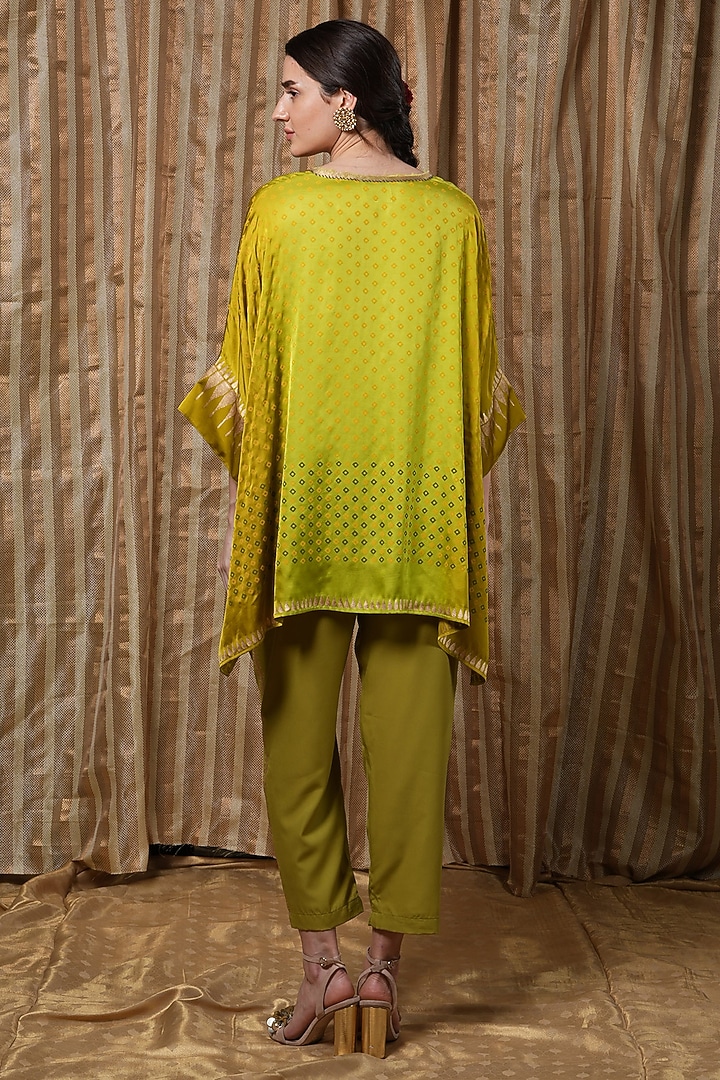Lime Modal Block Printed High-Low Kaftan Tunic by Krishna Mehta at Pernia's Pop Up Shop
