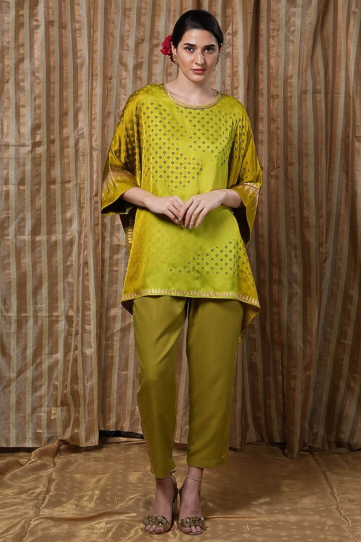 Lime Modal Block Printed High-Low Kaftan Tunic by Krishna Mehta at Pernia's Pop Up Shop