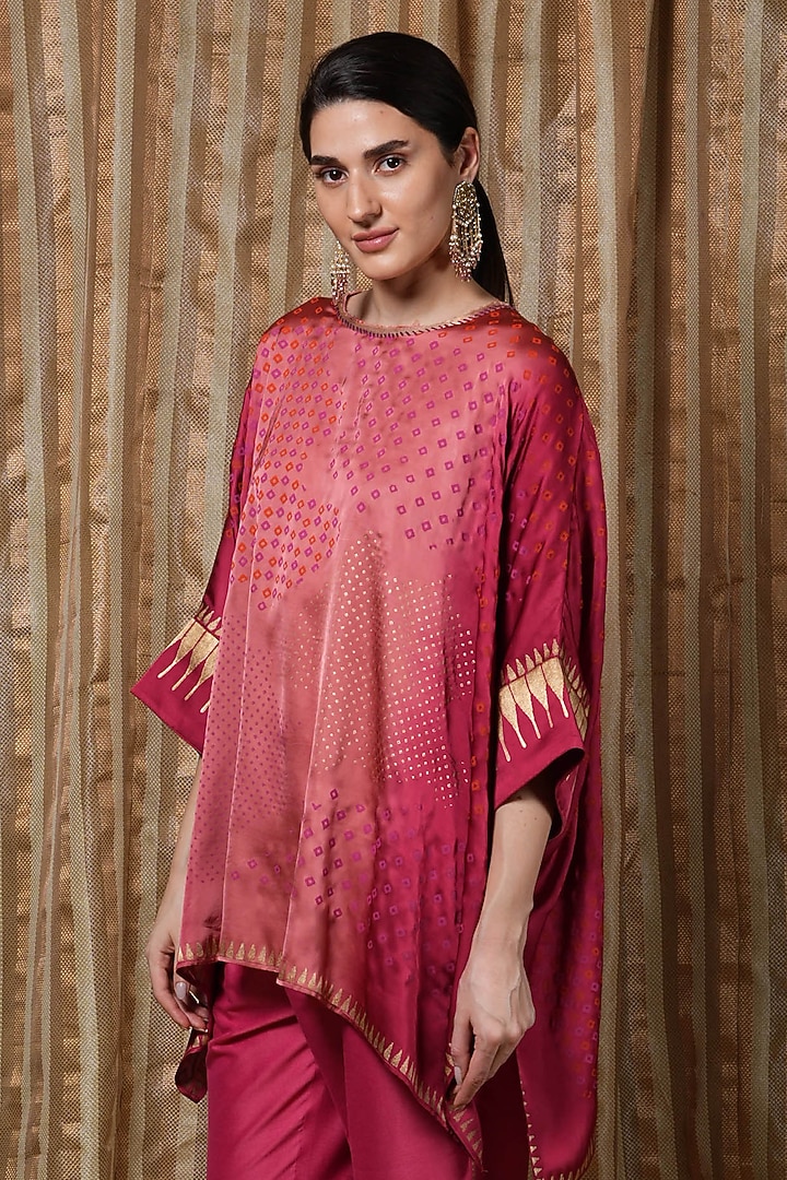 Coral Ombre Modal Block Printed Asymmetrical Kaftan Tunic by Krishna Mehta at Pernia's Pop Up Shop