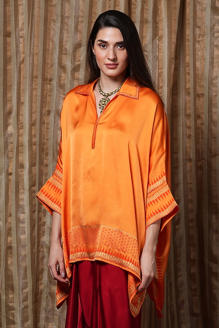 Orange Modal Block Printed Kaftan Tunic by Krishna Mehta at Pernia's Pop Up Shop
