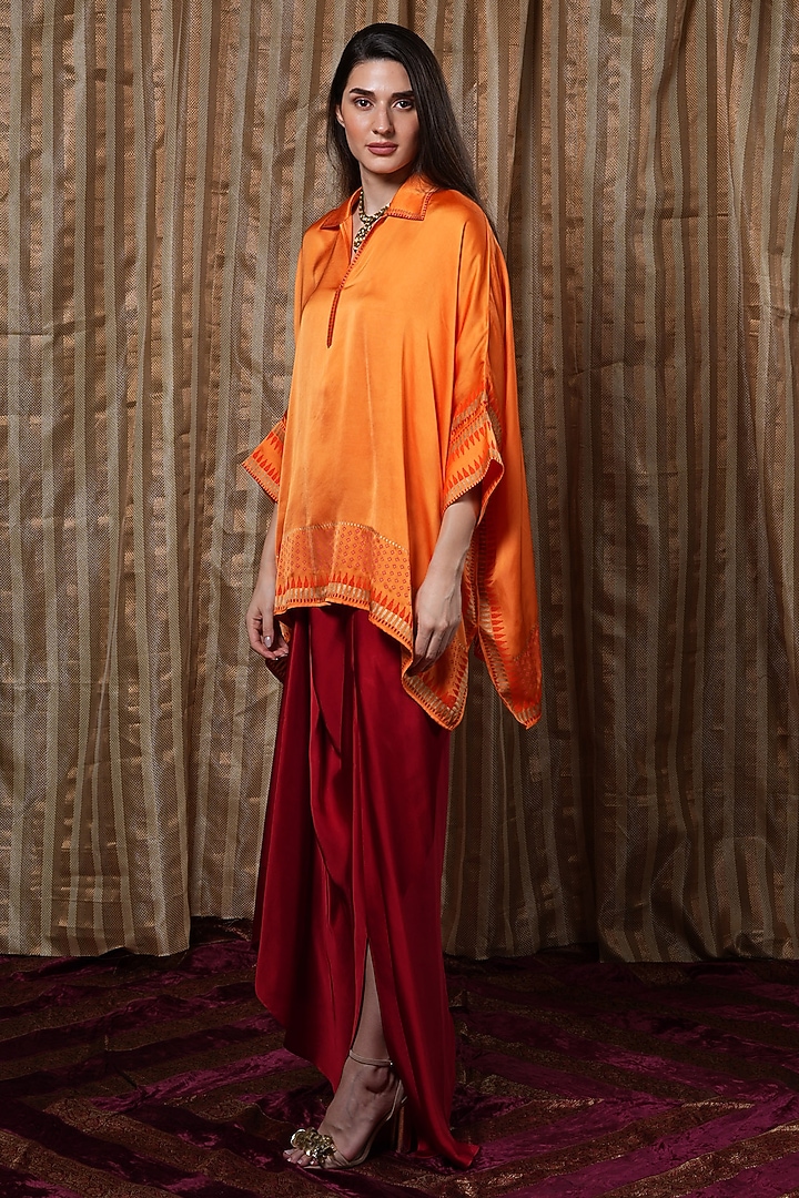 Orange Modal Block Printed Kaftan Tunic by Krishna Mehta at Pernia's Pop Up Shop