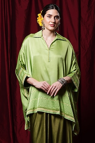 Lime Green Modal Block Printed Kaftan Tunic by Krishna Mehta