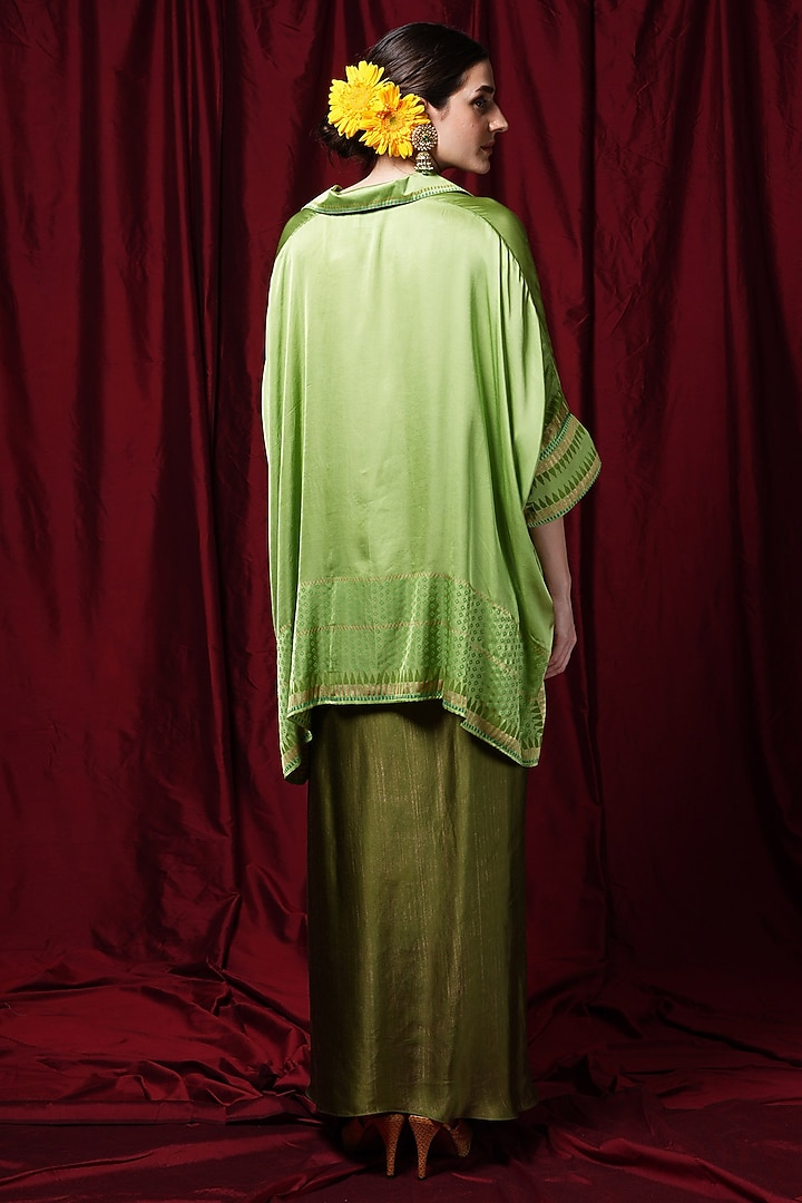 Lime Green Modal Block Printed Kaftan Tunic by Krishna Mehta at Pernia's Pop Up Shop