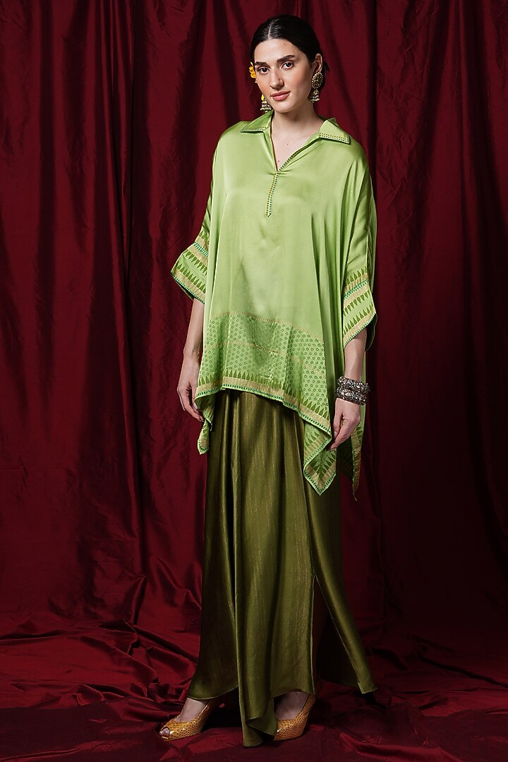 Lime Green Modal Block Printed Kaftan Tunic by Krishna Mehta at Pernia's Pop Up Shop