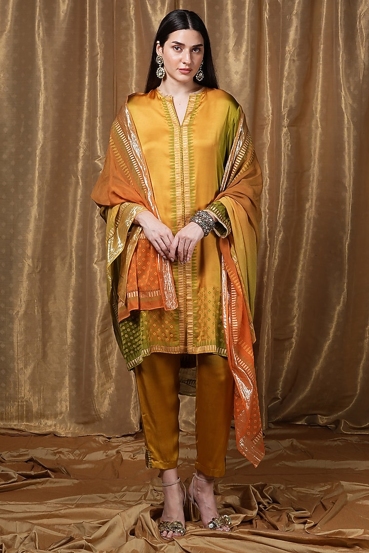 Mustard Ombre Modal Block Printed Tunic by Krishna Mehta at Pernia's Pop Up Shop