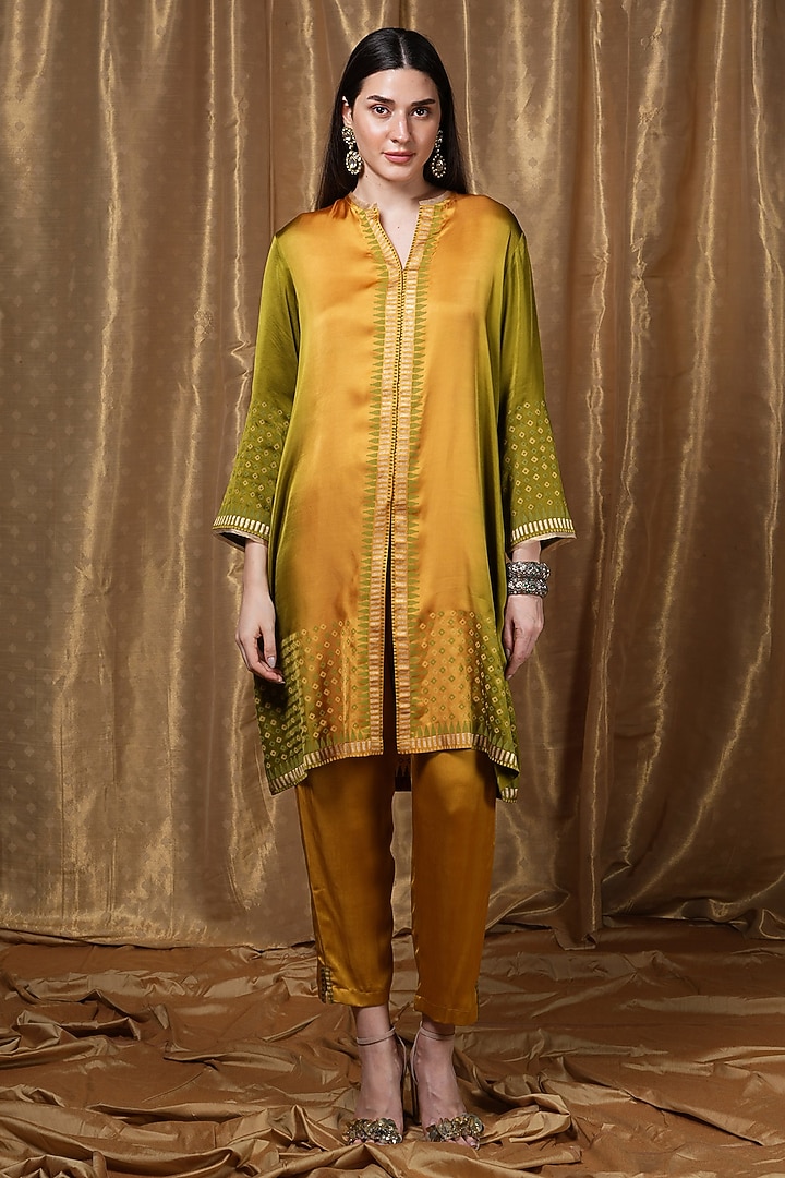 Mustard Ombre Modal Block Printed Tunic by Krishna Mehta at Pernia's Pop Up Shop