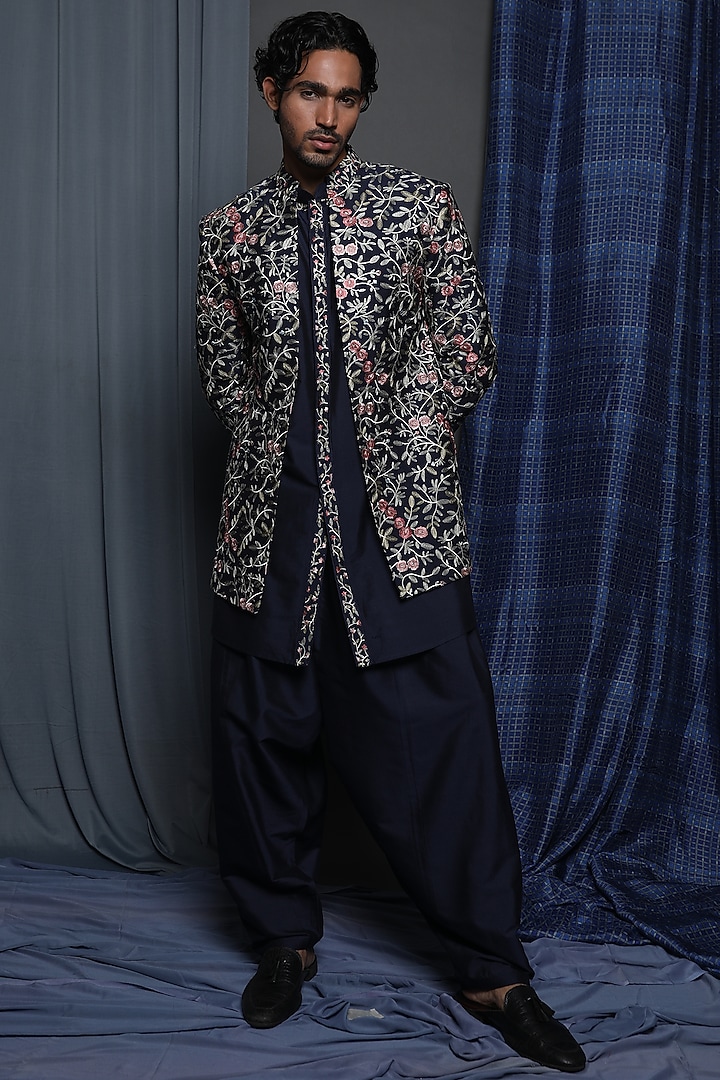 Navy Blue Cotton Viscose Embroidered Wedding Indowestern Set by Krishna Mehta Men at Pernia's Pop Up Shop