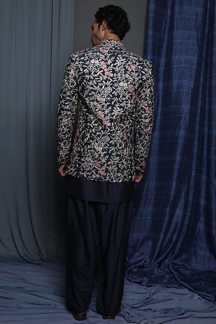 Navy Blue Cotton Viscose Embroidered Wedding Indowestern Set by Krishna Mehta Men at Pernia's Pop Up Shop