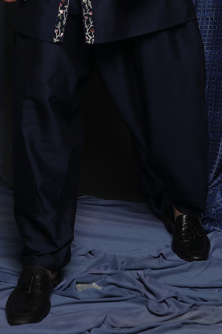 Navy Blue Cotton Viscose Embroidered Wedding Indowestern Set by Krishna Mehta Men at Pernia's Pop Up Shop