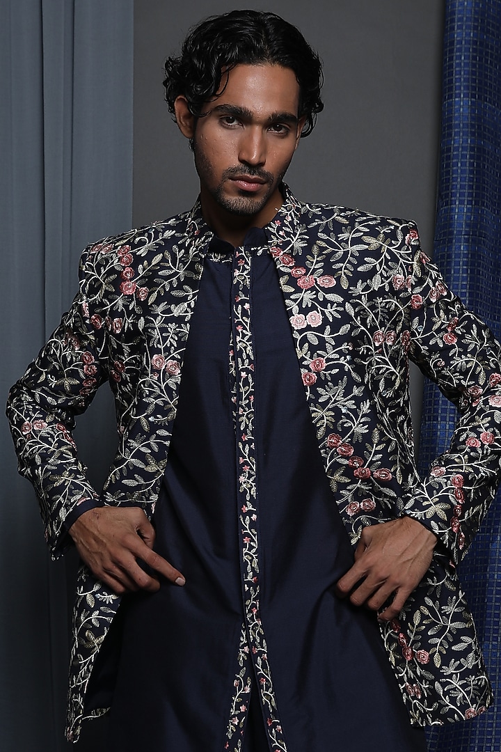 Navy Blue Cotton Viscose Embroidered Wedding Indowestern Set by Krishna Mehta Men at Pernia's Pop Up Shop
