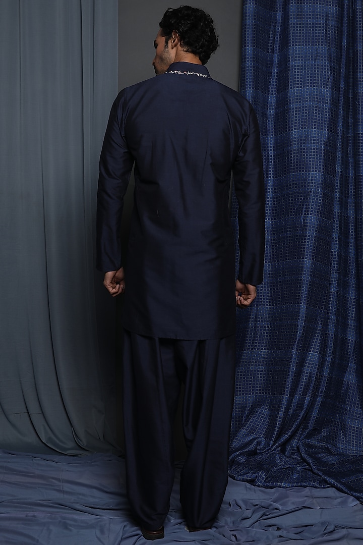 Navy Blue Cotton Viscose Embroidered Wedding Indowestern Set by Krishna Mehta Men at Pernia's Pop Up Shop