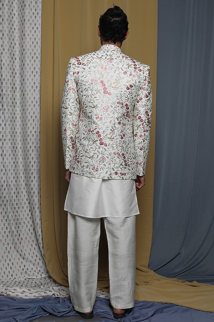 Off-White Cotton Viscose Embroidered Wedding Indowestern Set by Krishna Mehta Men at Pernia's Pop Up Shop