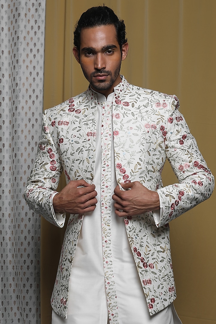 Buy Krishna Mehta Men Off-White Cotton Viscose Embroidered Indowestern ...