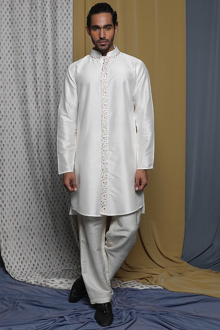 Off-White Cotton Viscose Embroidered Wedding Indowestern Set by Krishna Mehta Men at Pernia's Pop Up Shop