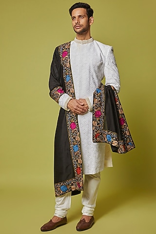 Black Chanderi Embroidered Stole by Krishna Mehta Men
