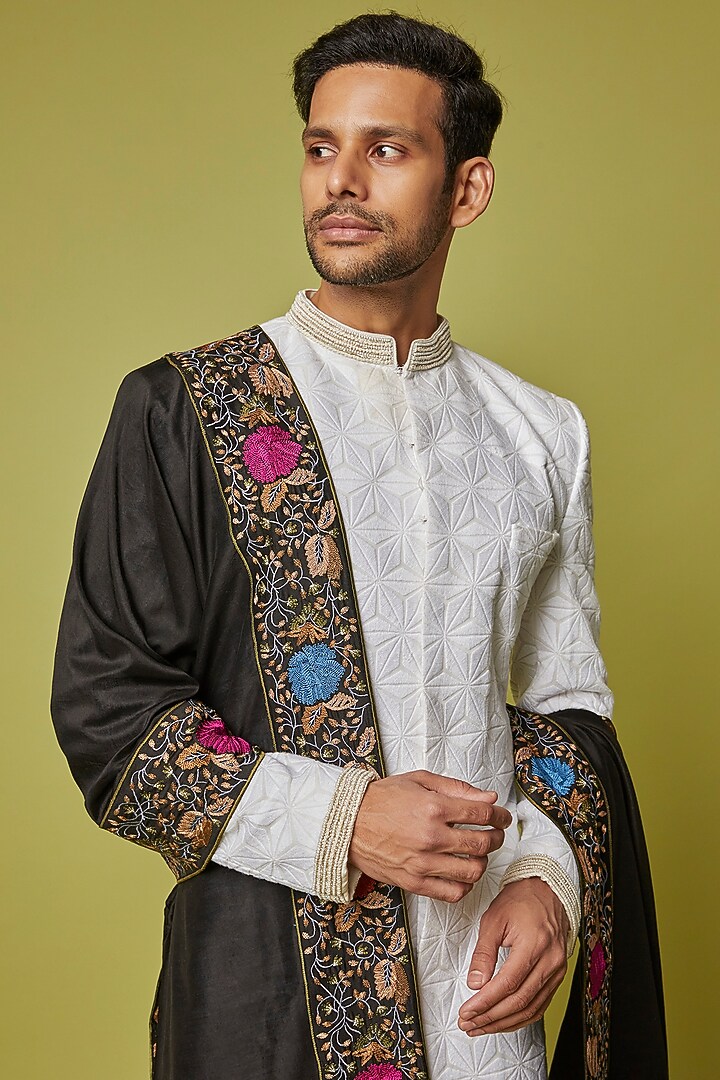 Black Chanderi Embroidered Stole by Krishna Mehta Men at Pernia's Pop Up Shop
